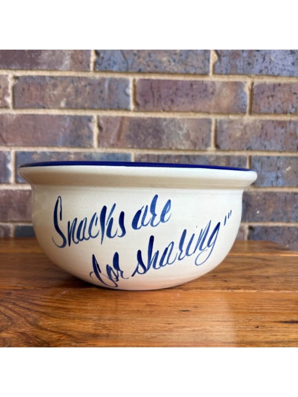 Large Stoneware Bowl “Snacks are for sharing/That’s all Folks!” Blue and Cream